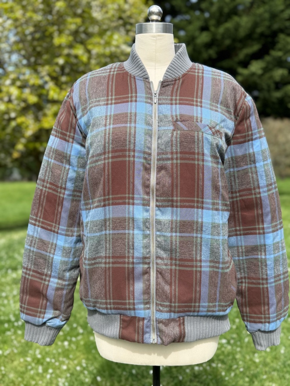 PRANA Plaid Bomber Jacket Down Insulated Brown Light Blue Zip-Up Pockets Sz XL